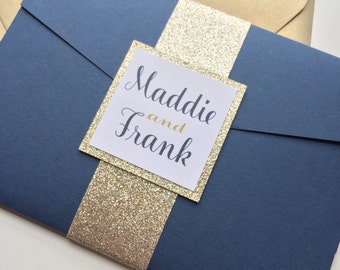 Champagne and navy wedding invitation, Glitter pocket invitation, Bling wedding invitations, gold glitter wedding invitations Madelyn