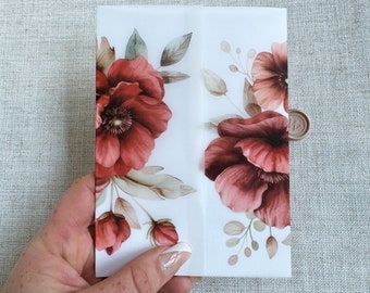 Vellum Wedding Invitation Jacket Wraps, Fall Burgundy Floral 5 x 7 Wedding Invitation Wraps, DIY Floral Invitations, Transparent Invitations