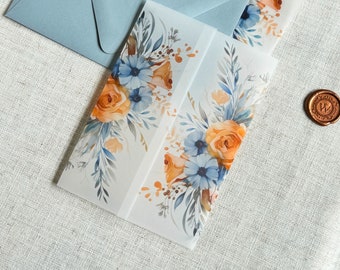 Sobres de vitela con estampado de flores de acuarela, envoltorio de vitela para invitaciones de boda en naranja quemado y azul polvoriento, invitaciones florales DIY, banda de 5 x 7