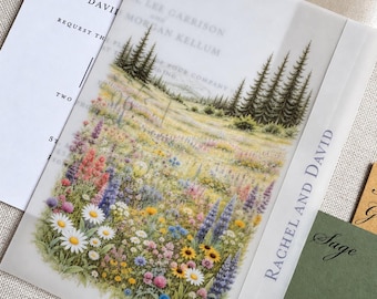 Personalized Wedding Invitation Vellum Wraps Outdoor Meadow Flower Field, Translucent Wedding Invitation Jackets, DIY Invitation Accessories