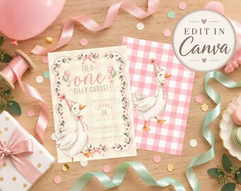 One Silly Goose Birthday Party Invitation Canva Template, Pink Gingham Silly Goose Invitation, DIY Editable in Canva