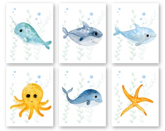 Nursery Wall Decor Art Prints, Underwater Ocean Animal Children's Room Artwork Posters, Choose Your Size, Under The Sea Theme