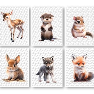 Decoración de vivero de animales del bosque, carteles de obras de arte de la habitación de los niños de Woodland Friends, tema de animales de madera, impresiones de arte de pared de la habitación de los niños, conjunto de 6 impresiones