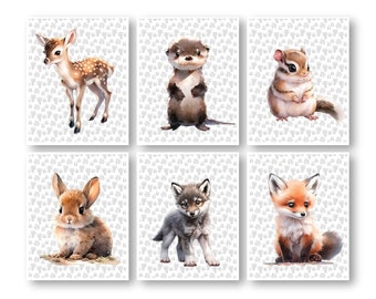 Forest Animal Nursery Decor, Woodland Friends Children's Room Artwork Posters, Wood Animal Theme, Boys Room Wall Art Prints Set of 6 Prints