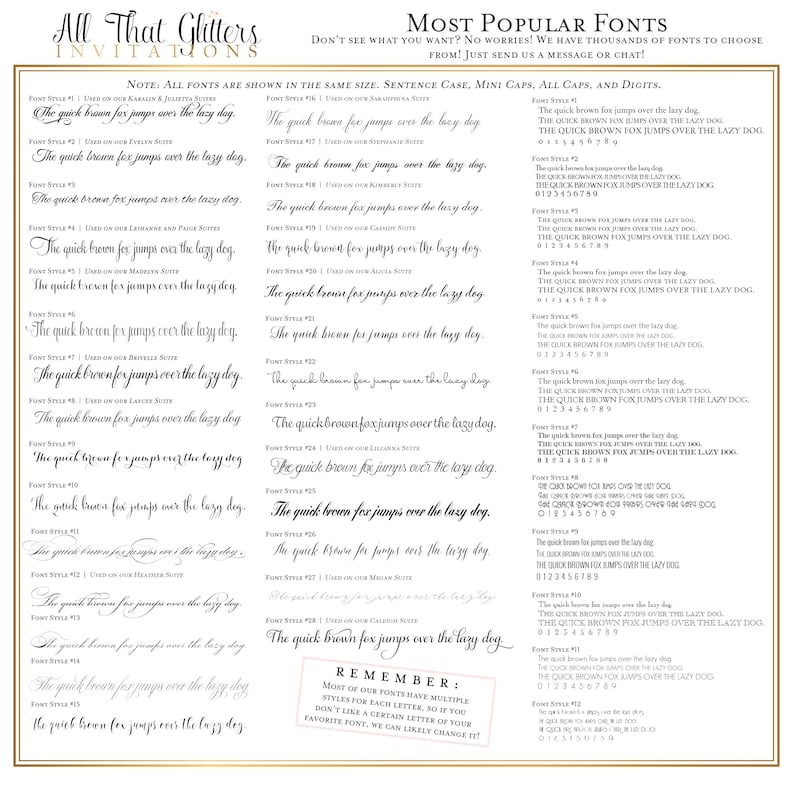 May include: A chart showing different font styles with the phrase "The quick brown fox jumps over the lazy dog" written in each font. The chart also includes numbers 0-9 in each font style. The chart is titled "Most Popular Fonts".