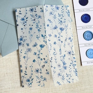 Dusty Blue Flower Pattern Vellum Jackets, French Blue Floral 5 x 7 Wedding Invitation Wraps, DIY Floral Invitations, Transparent Invitations
