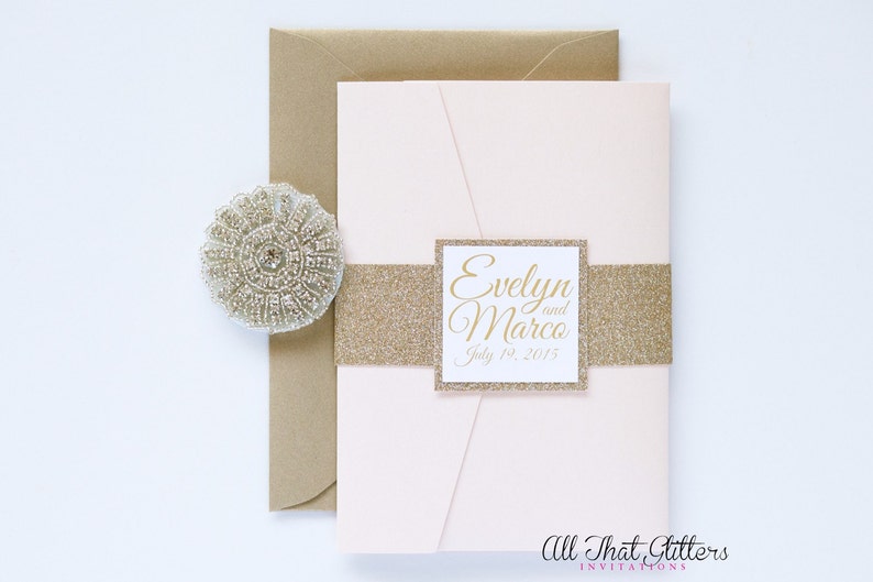 Classic Pocketfold Wedding Invitation with Envelope RSVP Card and Inserts, Glitter Backer Invitation Traditional Elegant Invitations Wedding image 2