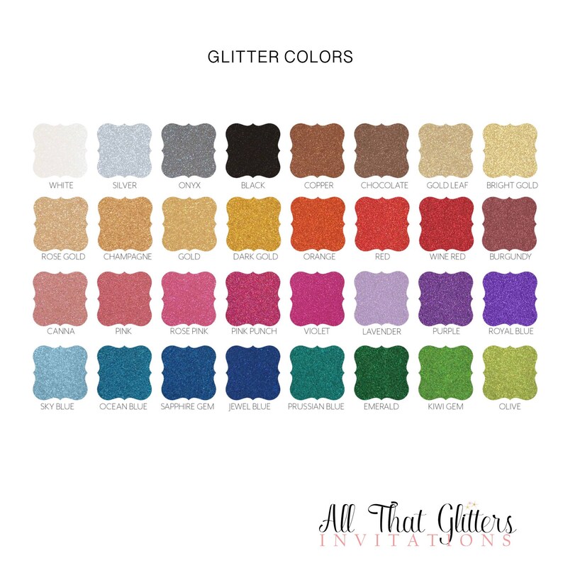 May include: A chart showing 24 different glitter colors. The colors are arranged in four rows of six colors each. The colors are labeled with their names, such as white, silver, onyx, black, copper, chocolate, gold leaf, bright gold, rose gold, champagne, gold, dark gold, orange, red, wine red, burgundy, canna, pink, rose pink, pink punch, violet, lavender, purple, royal blue, sky blue, ocean blue, sapphire gem, jewel blue, Prussian blue, emerald, kiwi gem, and olive.