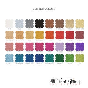 May include: A chart showing 24 different glitter colors. The colors are arranged in four rows of six colors each. The colors are labeled with their names, such as white, silver, onyx, black, copper, chocolate, gold leaf, bright gold, rose gold, champagne, gold, dark gold, orange, red, wine red, burgundy, canna, pink, rose pink, pink punch, violet, lavender, purple, royal blue, sky blue, ocean blue, sapphire gem, jewel blue, Prussian blue, emerald, kiwi gem, and olive.