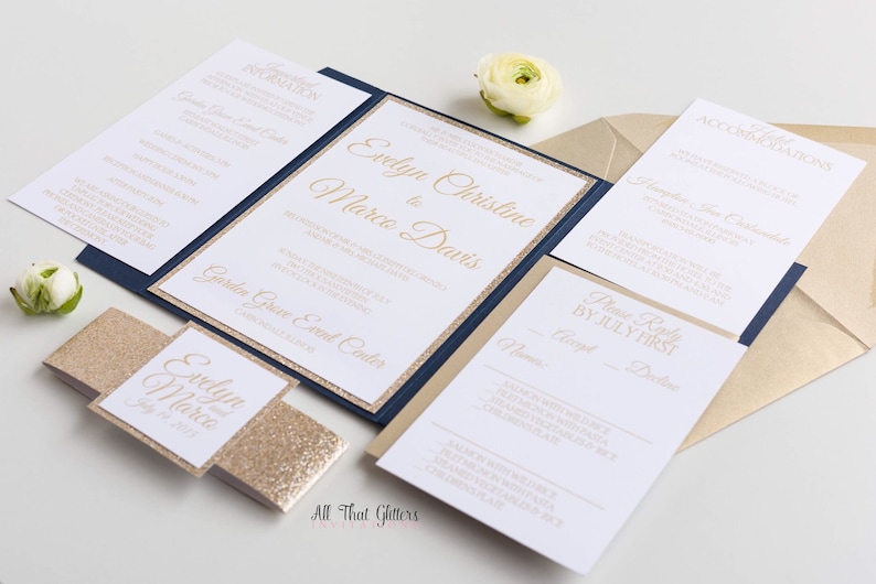 May include: A wedding invitation suite with a navy blue and gold glitter design. The invitation features the names "Evelyn Christine" and "Marca Davis" in gold script font. The RSVP card includes the text "Please Reply by July First".
