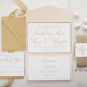 May include: A blush pink and gold wedding invitation suite with a gold glitter border. The invitation features the names "Sarahphina Maria" and "Kevin V. Hampton" in gold script font. The RSVP card says "Seventeenth of April".
