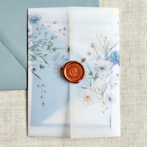 Delicate Flower Pattern Vellum Jackets, Watercolor Dusty Blue Flower Invitation Vellum Wrap, Wedding Invitation Accessories for DIY Invites