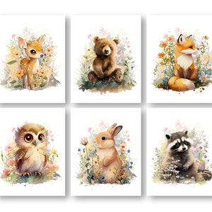 Decoración de vivero de animales del bosque, carteles de obras de arte de la habitación de los niños de Woodland Friends, tema de animales de madera, impresiones de arte de pared de la habitación de las niñas, juego de 6 impresiones
