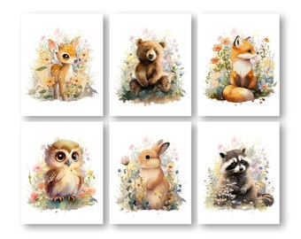 Forest Animal Nursery Decor, Woodland Friends Children's Room Artwork Posters, Wood Animal Theme, Girls Room Wall Art Prints Set of 6 Prints