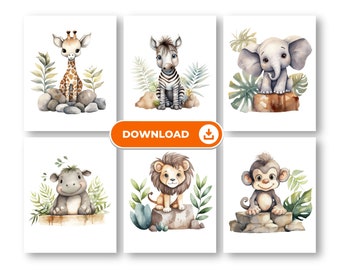 Jungle Animal Watercolor Art Print, Set of 6, 8x10 Inches, DIGITAL DOWNLOAD | Nursery Artwork Decor for Gender Neutral Baby Room Boy or Girl