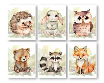 Forest Animal Nursery Decor, Woodland Friends Children's Artwork Posters Wood Animal Theme, Girls Room Wall Art Prints Set of 6 Cute Posters