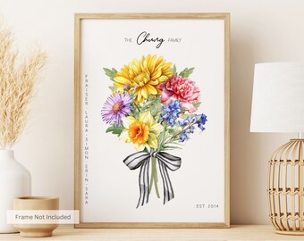 May include: A watercolor print featuring a bouquet of flowers in shades of yellow, purple, pink, and blue. The flowers are tied together with a black and white striped ribbon. The text "The Chung Family Est. 2014" is printed below the bouquet.