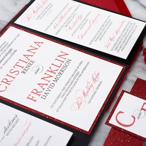Black Red and White Wedding Invitations with Glitter, Glitter pocket Invitations, Wedding Invitations in Red and Black, Cristiana