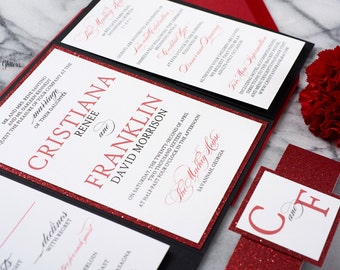 Black Red and White Wedding Invitations with Glitter, Glitter pocket Invitations, Wedding Invitations in Red and Black, Cristiana