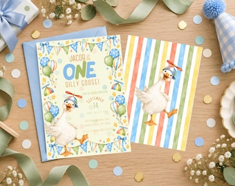 One Silly Goose Boy Birthday Party Invitation Canva Template, Blue Gingham Silly Goose Invitation, DIY Editable in Canva