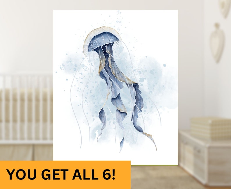 Ocean Animal Nursery Prints, Sea Turtle, Seahorse, Jellyfish Art, Set ...