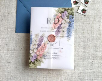 Pastel Larkspur Florals Pattern Vellum Jackets, Watercolor Hydrangeas Garden Wedding Invitation Vellum Wrap, Accessories for DIY Invites