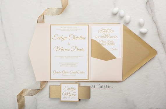Light Pink Pocket Wedding Invitation, Trifold Invitations in Blush and Gold, Invitation with Stacking Enclosure Cards, Inserts, RSVP