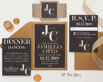 Black Wedding Invitations with White Writing, Black and Gold Wedding Invitation with glitter, Black Tie Wedding Invitations, Jamillia