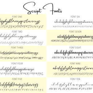 Puede incluir: Una exhibici&oacute;n de diez fuentes de escritura, cada una mostrando alfabetos en min&uacute;sculas y may&uacute;sculas. Las fuentes se presentan en una variedad de estilos, con ejemplos de cada fuente etiquetados como "Font One" a "Font Ten". El t&iacute;tulo "Script Fonts" est&aacute; en la parte superior.