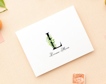 Plant Lover Note Card Stationery, Gift for Gardener Plant Lady, Greenery Initial Stationery Cards, 10 Folded Note Cards with Envelopes