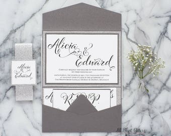 Pocket Wedding Invitations, Silver Glitter Wedding Invitation in pocket with bellyband, Silver and Dark Gray Wedding Invitation, Alicia