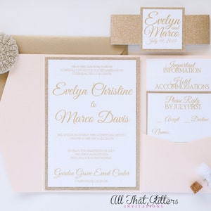 Classic Pocketfold Wedding Invitation with Envelope RSVP Card and Inserts, Glitter Backer Invitation Traditional Elegant Invitations Wedding image 3
