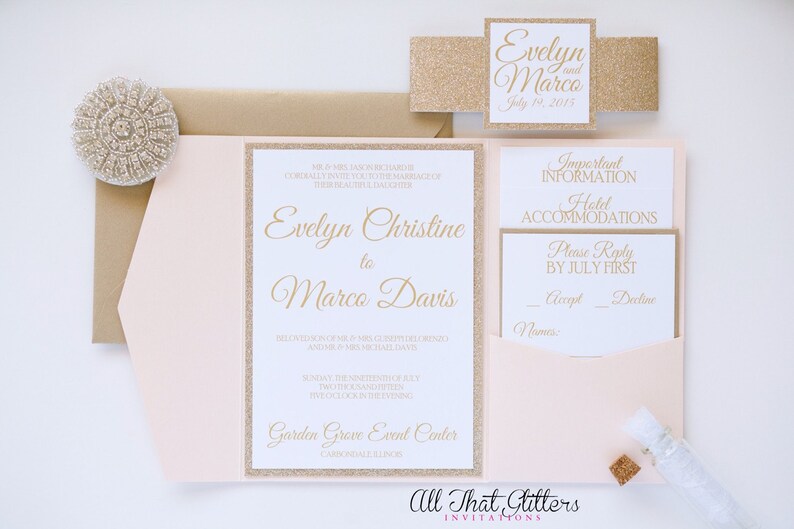 Classic Pocketfold Wedding Invitation with Envelope RSVP Card and Inserts, Glitter Backer Invitation Traditional Elegant Invitations Wedding image 3