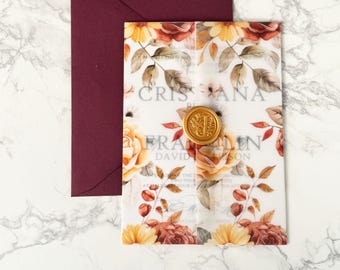 Vellum Wedding Invitation Wrap with Wax Seal • Fall Floral Wedding Invite Sleeve • Burgundy Envelope Elegant Wedding Stationery