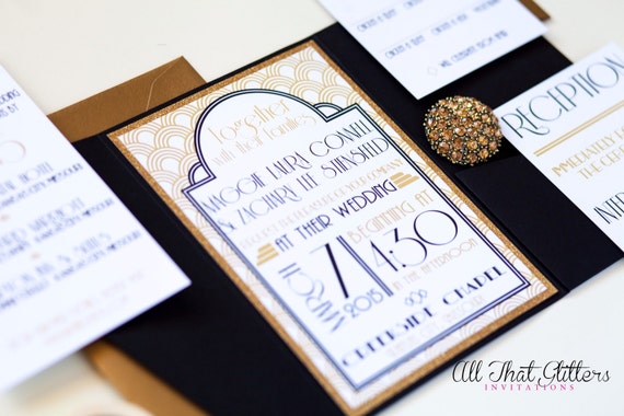 Old Hollywood or Great Gatsby themed wedding invitations, Art Deco style in pocketfold