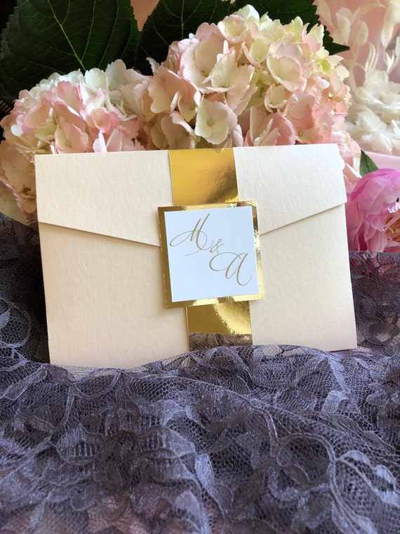 Landscape Wedding Invitation Pocket, Blush and Gold Invitation Suite, Classic Traditional Invites, Sarahphina