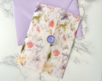 Sobres de vitela con estampado de flores de jardín, envoltorios florales para invitaciones de boda, invitaciones florales DIY, cubierta transparente para invitación de 5 x 7