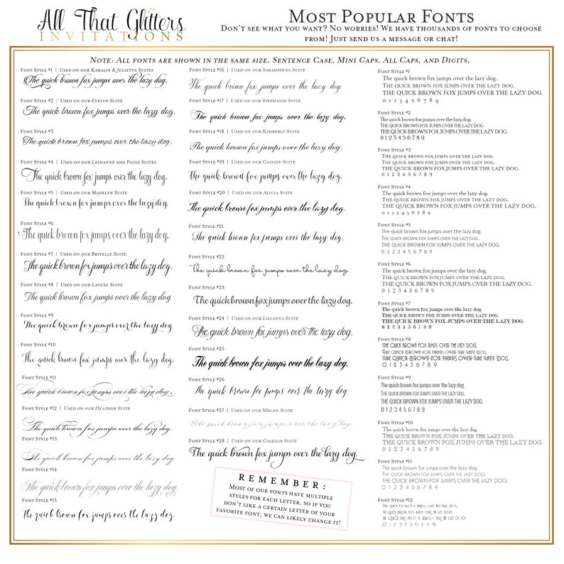 May include: A chart showing different font styles with the phrase "The quick brown fox jumps over the lazy dog" written in each font. The chart also includes numbers 0-9 in each font style. The chart is titled "Most Popular Fonts".