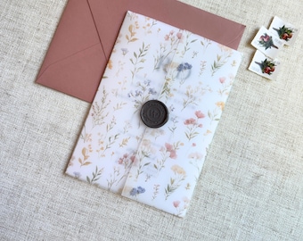 Watercolor Flower Pattern Vellum Jackets, Floral 5 x 7 Wedding Invitation Wraps, DIY Invitation, Transparent Invitations