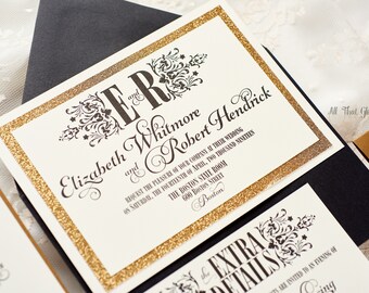 Black and Gold Glitter Ornate Wedding Invitation, Formal Glam