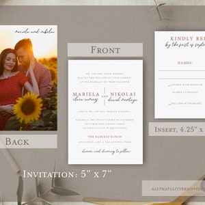 Invitaciones de boda impresas, Invitación de boda minimalista con foto, Tarjetas RSVP con sobres, Foto Guardar la tarjeta de fecha