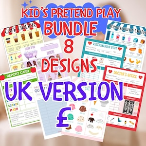 Juego de notas para niños para simular juegos de rol, imprimible, descarga digital, paquete de cafetería, restaurante, helados, dulces y spa (versión GBP/RU)