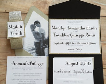 Pocketfold Wedding Invitation, Glitter Invitations with Photo, Banded Invitation, Invitations with enclosure cards, Madelyn