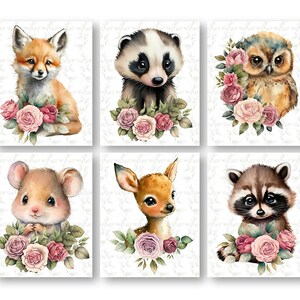Decoración de guardería de animales del bosque, corona de flores, carteles de obras de arte para niños de amigos del bosque, tema de animales de madera, impresiones artísticas de pared para habitación de niñas, juego de 6