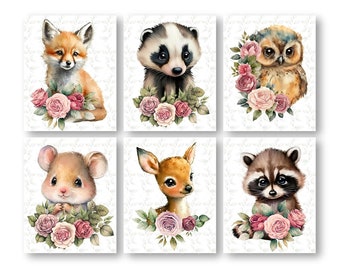 Forest Animal Nursery Decor, Flower Crown Woodland Friends Children's Artwork Posters Wood Animal Theme, Girls Room Wall Art Prints Set of 6