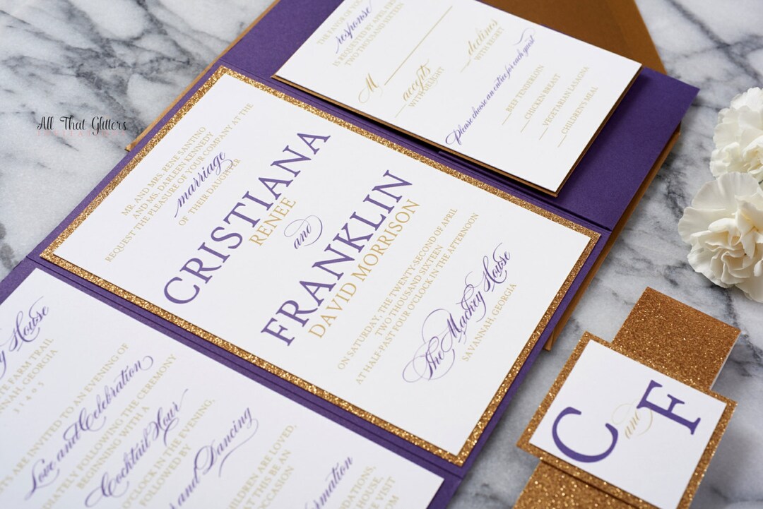 Modern Wedding Invitations, Purple Pocket Wedding Invitation, Invitation Set With Pocketfolder