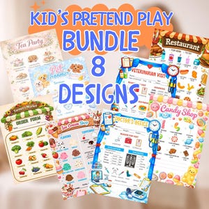 May include: A bundle of eight colorful pretend play designs for kids. The designs include a tea party, pet groomer, restaurant, veterinarian visit, farmer's market, ice cream shop, doctor's office, and candy shop. The text "Kid's Pretend Play Bundle 8 Designs" is displayed.