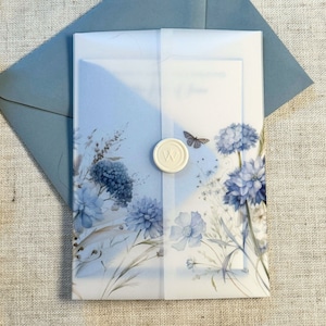 Dusty Blue Flower Pattern Vellum Jackets, Wedding Invitation Vellum Wraps, DIY Floral Invitations, 5 x 7 Translucent Paper Band