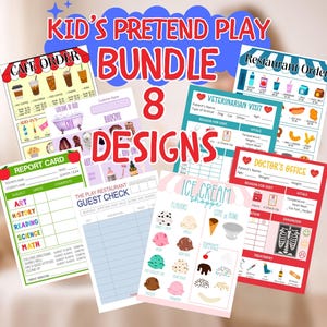 May include: A set of eight colourful pretend play designs for children, including a cafe order, restaurant order, veterinarian visit, doctor's office, report card, guest check, and ice cream shoppe menu. Ideal for imaginative play.