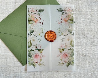 May include: A white vellum wedding invitation with a floral design in shades of pink and green. The invitation features a wax seal with the letter "W" in the center.